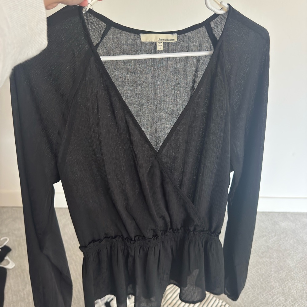 June & Hudson Black Sheer Wrap Blouse